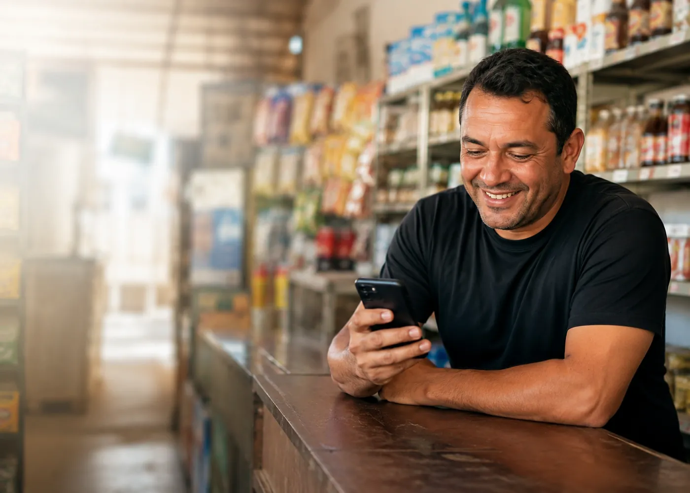 Comerciante atendendo no balcão do próprio mercadinho, com o celular na mão